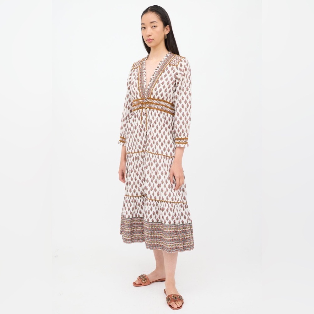 Veronica Beard Alessandra Tiered Floral White Cotton Midi Dress Size 10